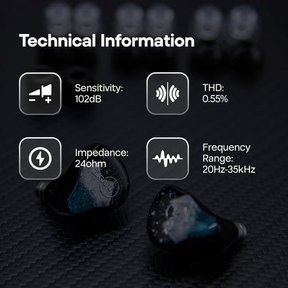 Technical specifications of ZiiGaat Horizon IEM including 102dB sensitivity, 24Ω impedance, and 20Hz–35kHz frequency range.