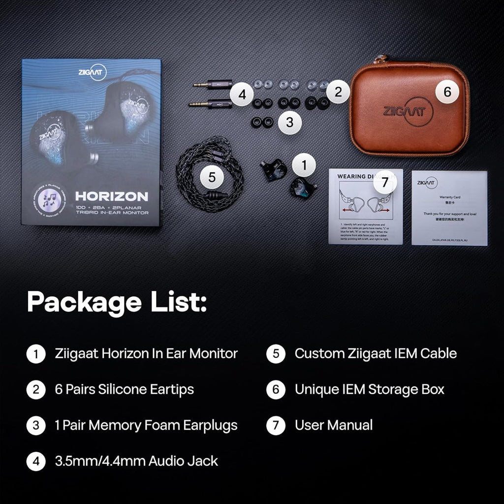 Complete ZiiGaat Horizon IEM package with ear tips, memory foam, cable, storage box, and user manual for premium audio experience.