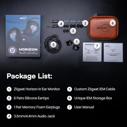 Complete ZiiGaat Horizon IEM package with ear tips, memory foam, cable, storage box, and user manual for premium audio experience.