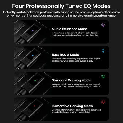 Four professionally tuned EQ modes with descriptions on a black background