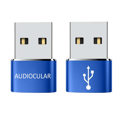 Set of four blue AUDIOCULAR Type-C to USB-A OTG Adapters, perfect for multiple devices and color preference.
