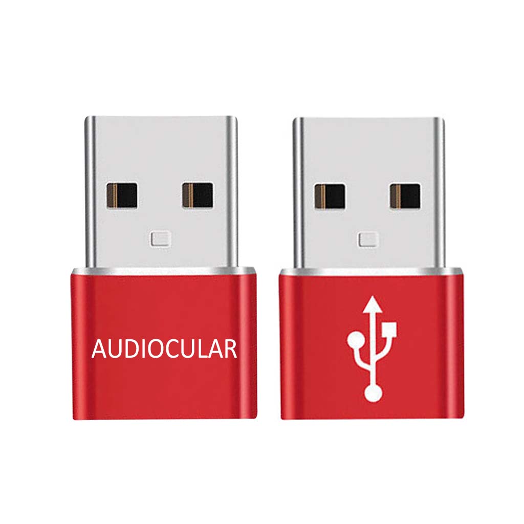 Set of four red AUDIOCULAR Type-C to USB-A OTG Adapters, ideal for multi-device use and backups.
