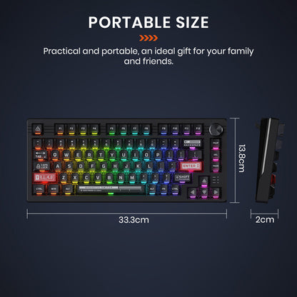 DAREU EK75RT mechanical keyboard with compact 33.3cm x 13.8cm size, ideal for portability and gifting.