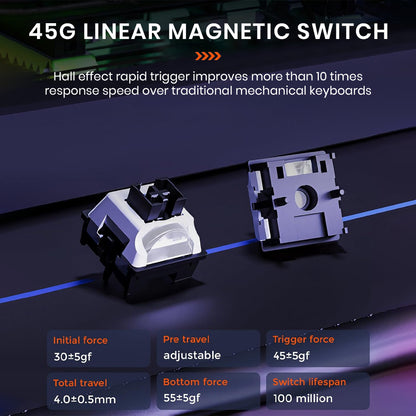 DAREU EK75RT uses 45G linear magnetic switches with Hall effect for faster response and 100 million keystroke lifespan.