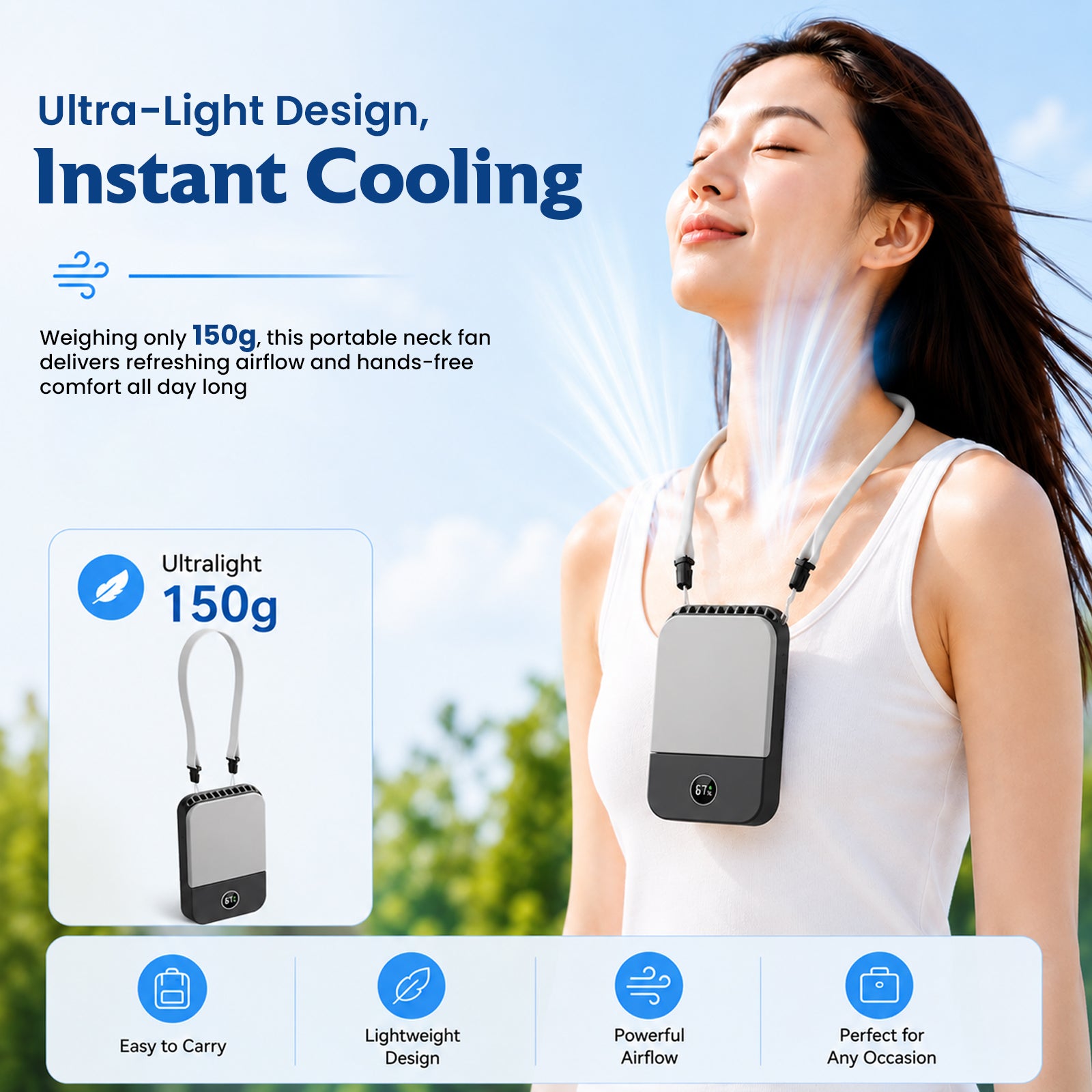 DQ205 Portable Neck Fan with LCD Display Rechargeable & 3-Speed Airflow