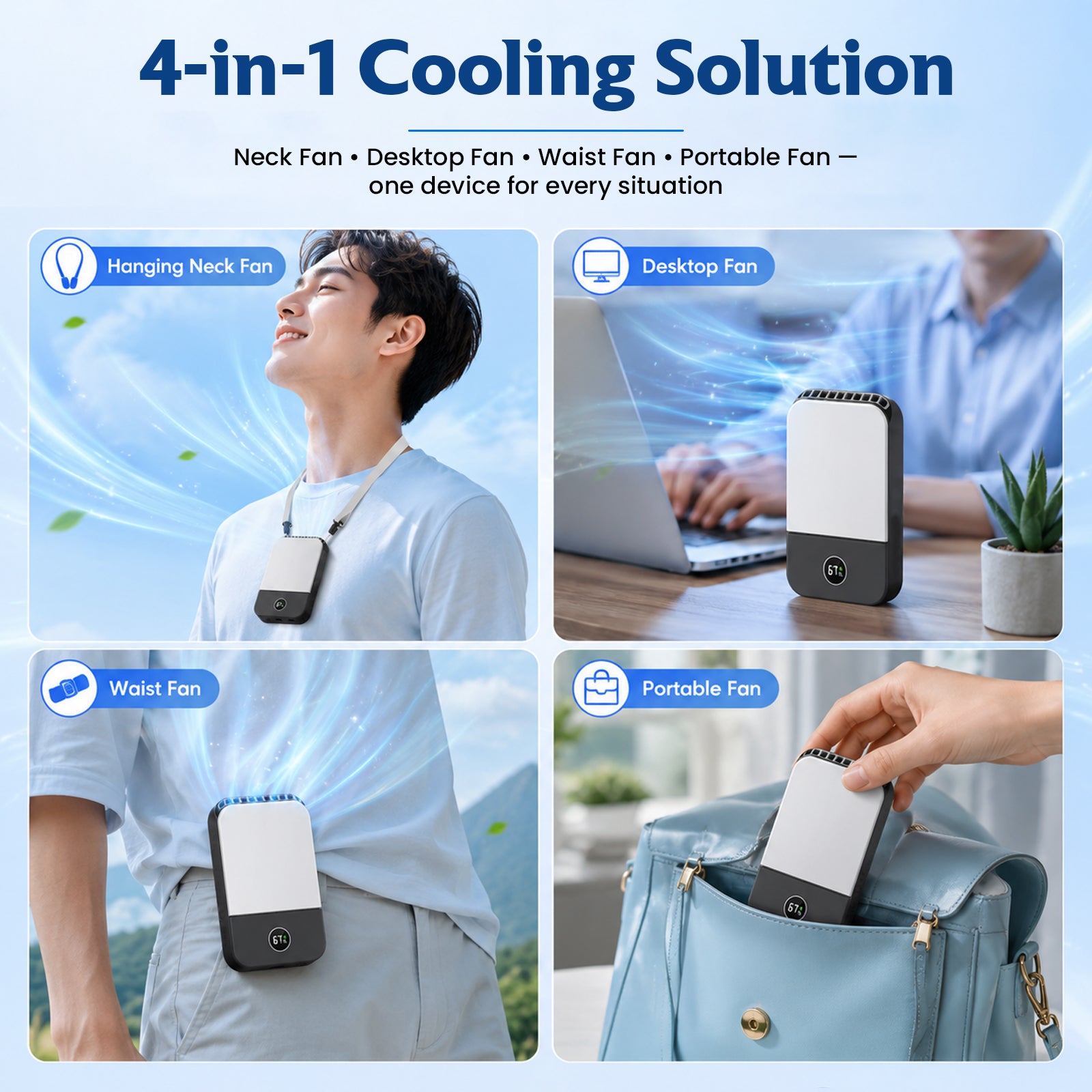 DQ205 Portable Neck Fan with LCD Display Rechargeable & 3-Speed Airflow