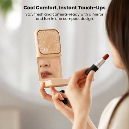Mini portable folding handheld fan with power bank, beige color, 5-speed rechargeable, ideal for travel and outdoor cooling