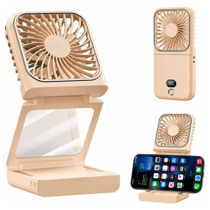 Beige portable mini folding handheld fan with digital display, 5-speed rechargeable power bank, compact design for travel and outdoor use
