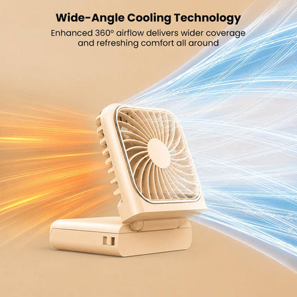 Beige portable fan with wide-angle cooling technology, delivering 360-degree airflow for wider coverage and all-around comfort