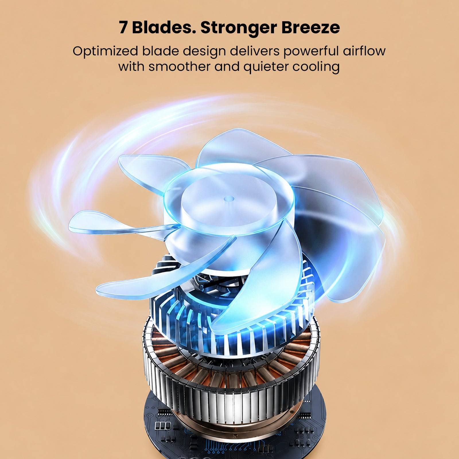Close-up of fan blades with optimized design for stronger breeze, featuring a sleek beige finish and advanced airflow technology