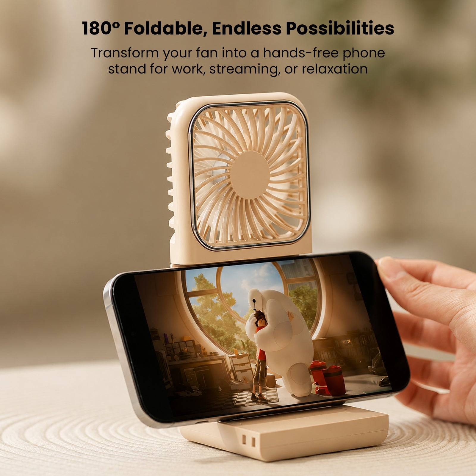 Fan transforming into a hands-free phone stand with 180° foldable design, perfect for work, streaming, or relaxation