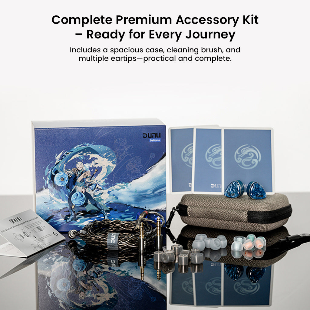 DUNU DN 142 complete accessory kit with IEMs, cables, eartips, cleaning tools, and carrying case, ideal for audiophiles on the go.