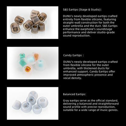 Three types of DUNU eartips—S&S, Candy, and Balanced—designed for comfort, isolation, and optimal sound performance across genres.