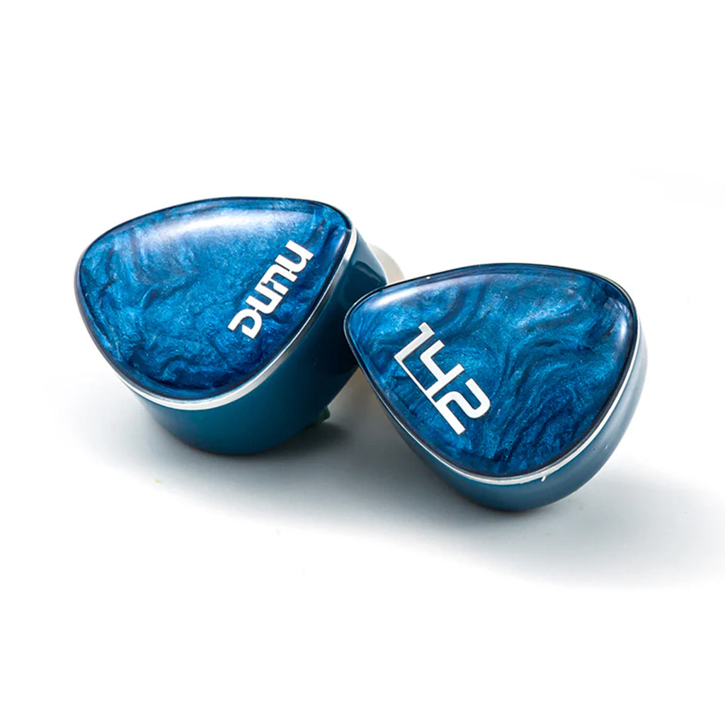 DUNU DN 142 1DD + 4BA + 2 Planar Tribrid IEM with blue faceplates and engraved logos, showcasing premium in-ear monitor design.
