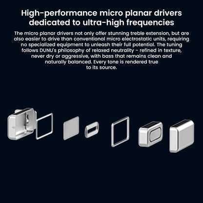 Detailed breakdown of DUNU DN 142's high-performance micro planar drivers designed for ultra-high frequency clarity and balanced tonality.