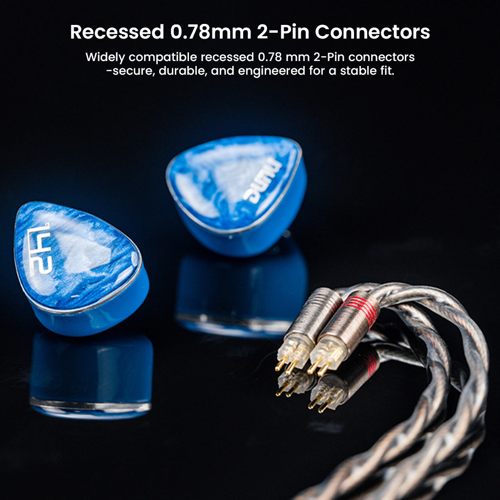 DUNU DN 142 IEMs with recessed 0.78mm 2-pin connectors and detachable cable, ensuring secure fit and compatibility with various setups.