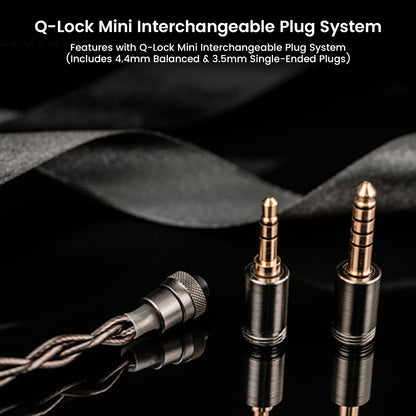 Q-Lock Mini interchangeable plug system for DUNU DN 142 IEMs, featuring 4.4mm balanced and 3.5mm single-ended plugs for flexible use.
