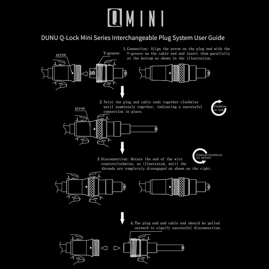 User guide for DUNU Q-Lock Mini plug system, illustrating step-by-step instructions for secure and easy cable plug swapping.