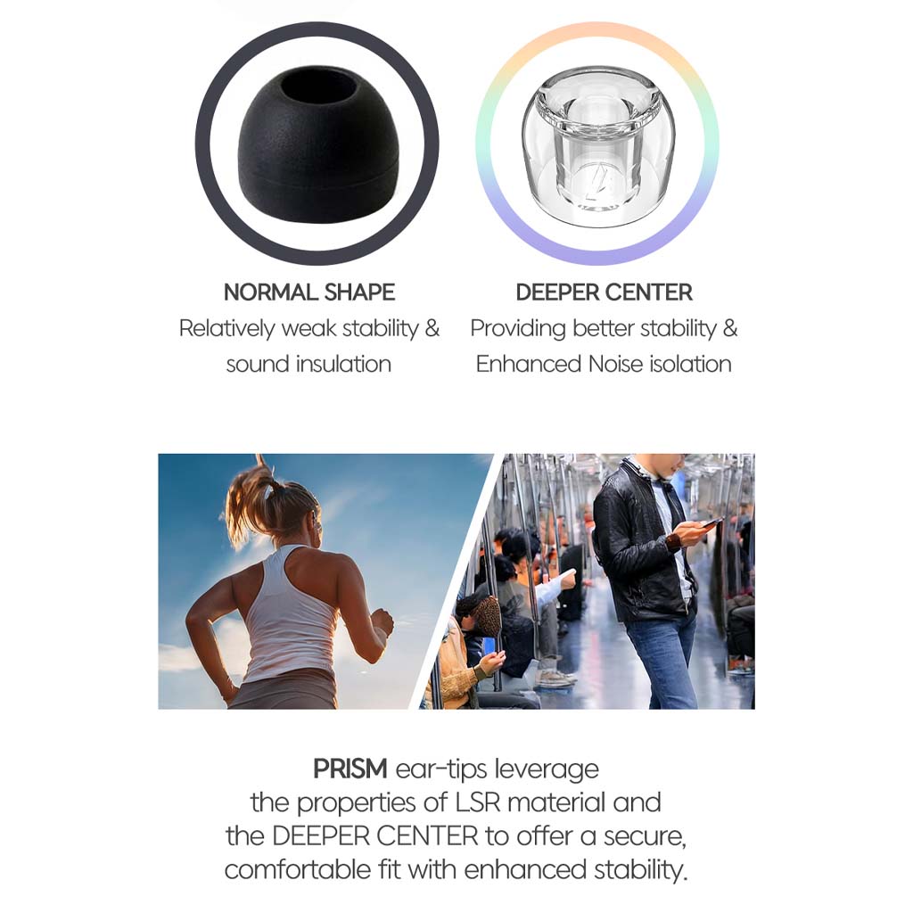 Comparison of normal vs Divinus Prism eartips showing improved noise isolation and stability with deeper center design.