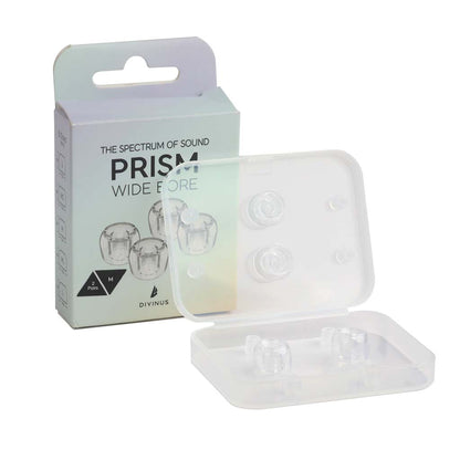Divinus Prism Wide Bore LSR eartips in size M, featuring premium silicone tips and compact storage box for IEM users.
