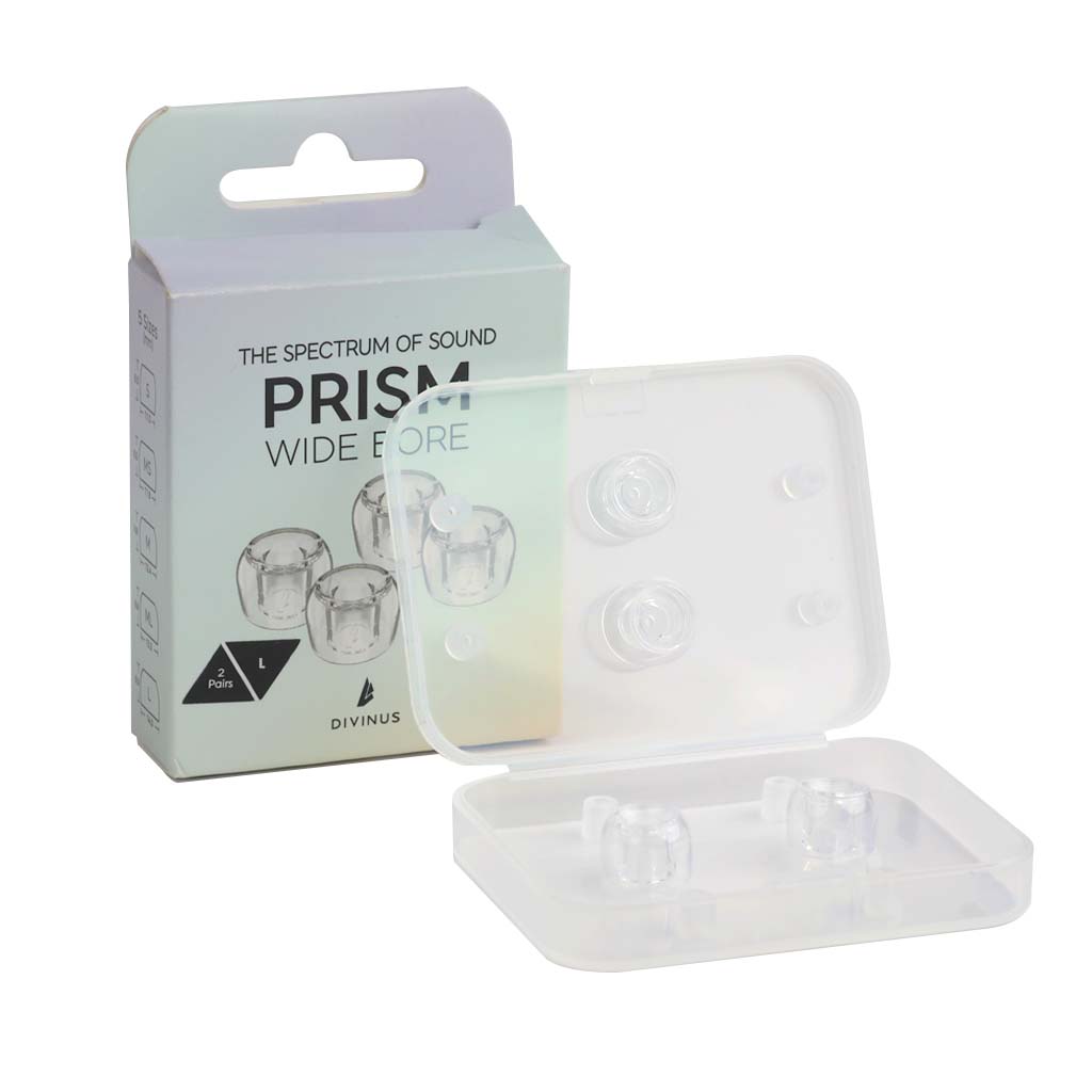 Divinus Prism Wide Bore LSR eartips in size L, designed for comfort and sound enhancement, with included storage case.