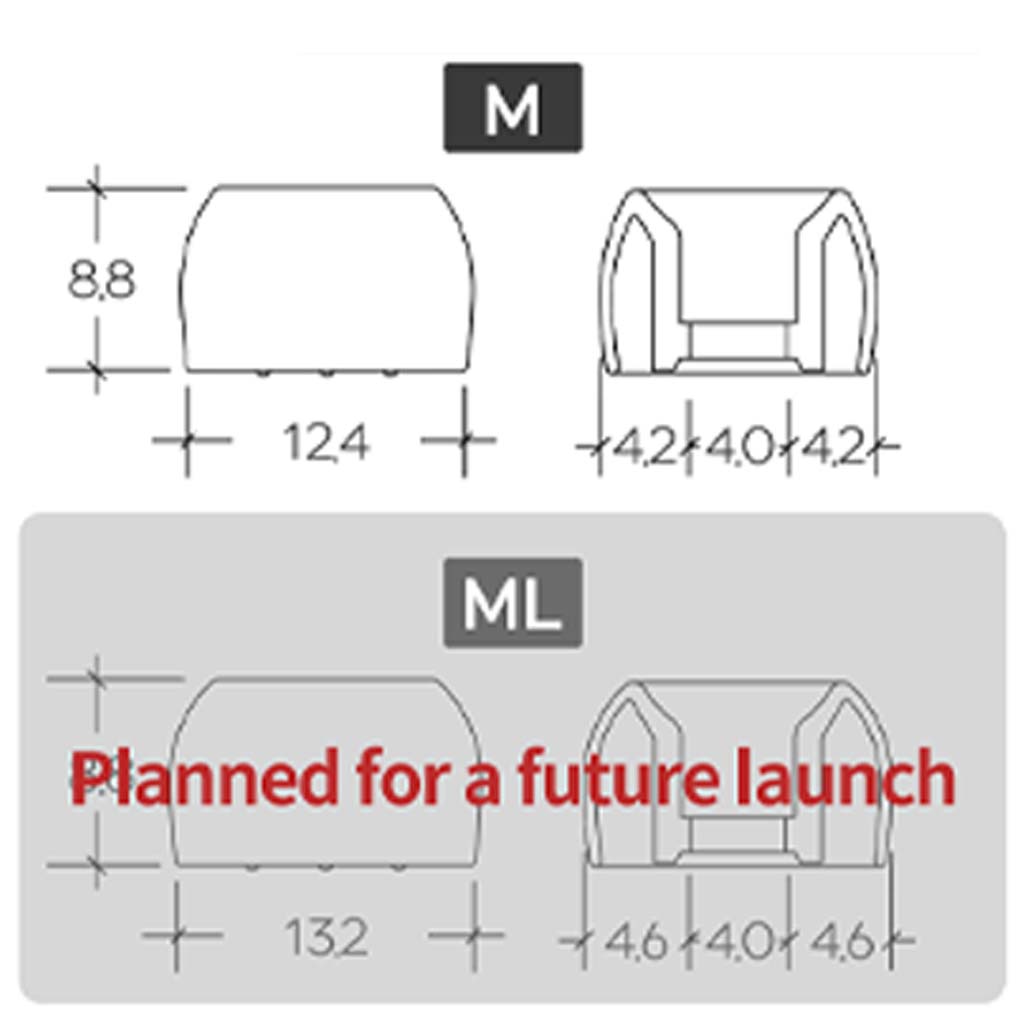 Technical diagram of Divinus Prism eartips in M and ML sizes, showing dimensions and future product launch plans.