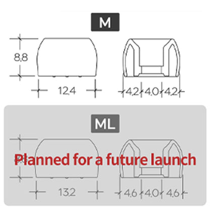 Technical diagram of Divinus Prism eartips in M and ML sizes, showing dimensions and future product launch plans.