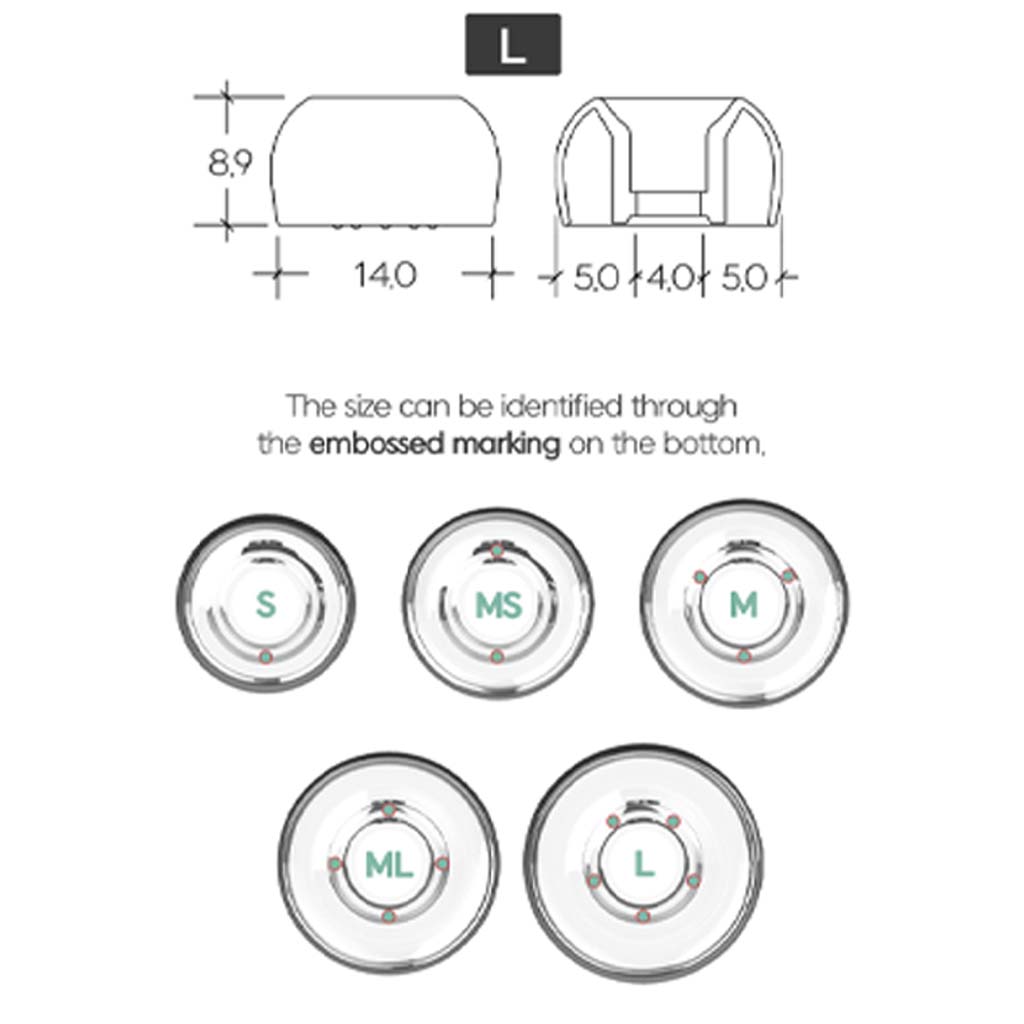 Divinus Prism eartips size chart with embossed bottom markings for S, MS, M, ML, and L sizes for accurate selection.