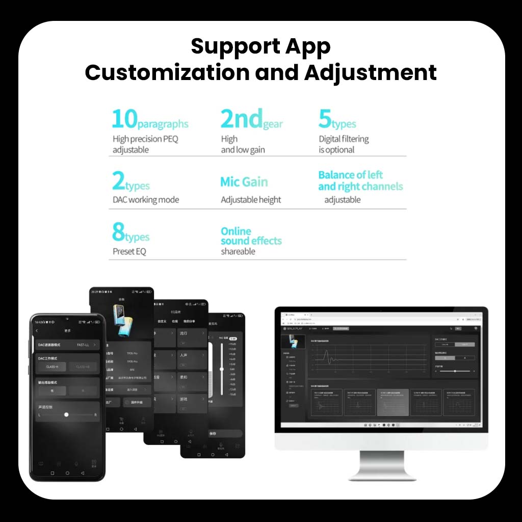 EPZ TP35 PRO app interface for sound customization, featuring EQ presets, mic gain, DAC modes, and digital filtering options.