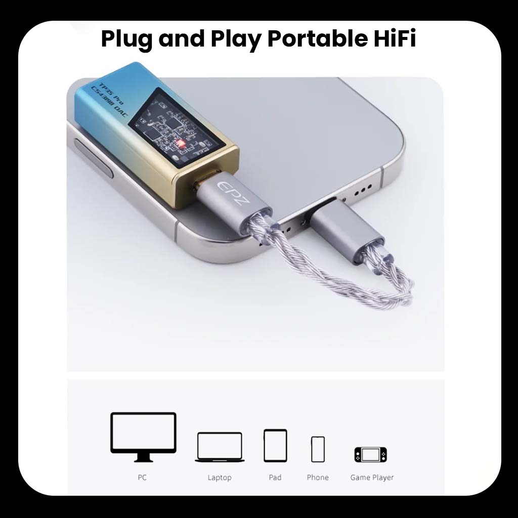 EPZ TP35 PRO DAC Amp connected to a smartphone, showcasing plug-and-play HiFi compatibility with PC, laptop, phone, and game consoles.