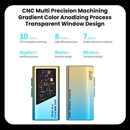 EPZ TP35 PRO features CNC precision machining, gradient anodizing, and a transparent window for a premium audio device design.
