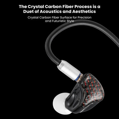Crystal carbon fiber surface of EarAcoustic Audio x Zkaaai In-Ear Monitor combining futuristic aesthetics with acoustic performance.