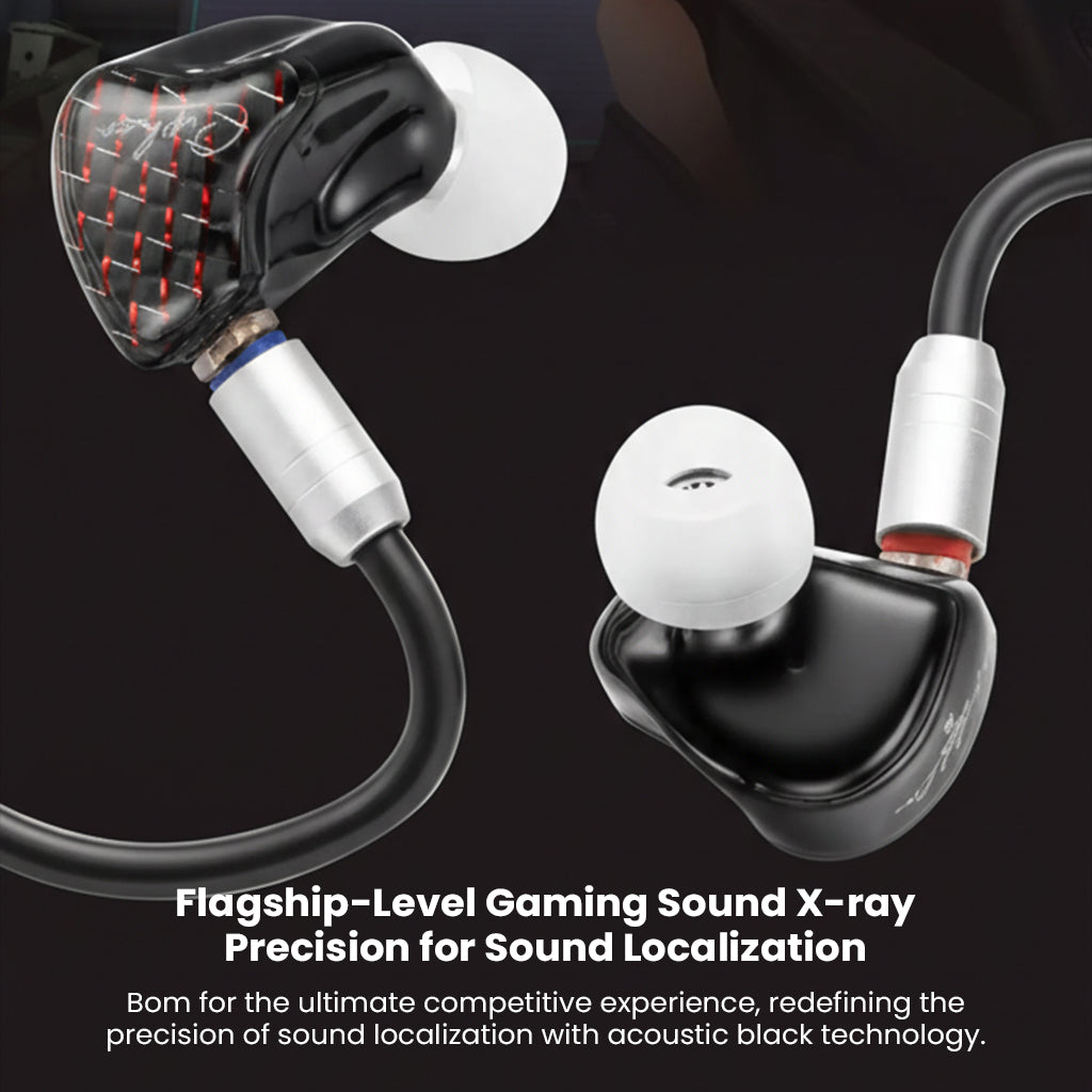 Dual in-ear monitors of EarAcoustic Audio x Zkaaai with acoustic black tech for precise sound localization in competitive gaming.
