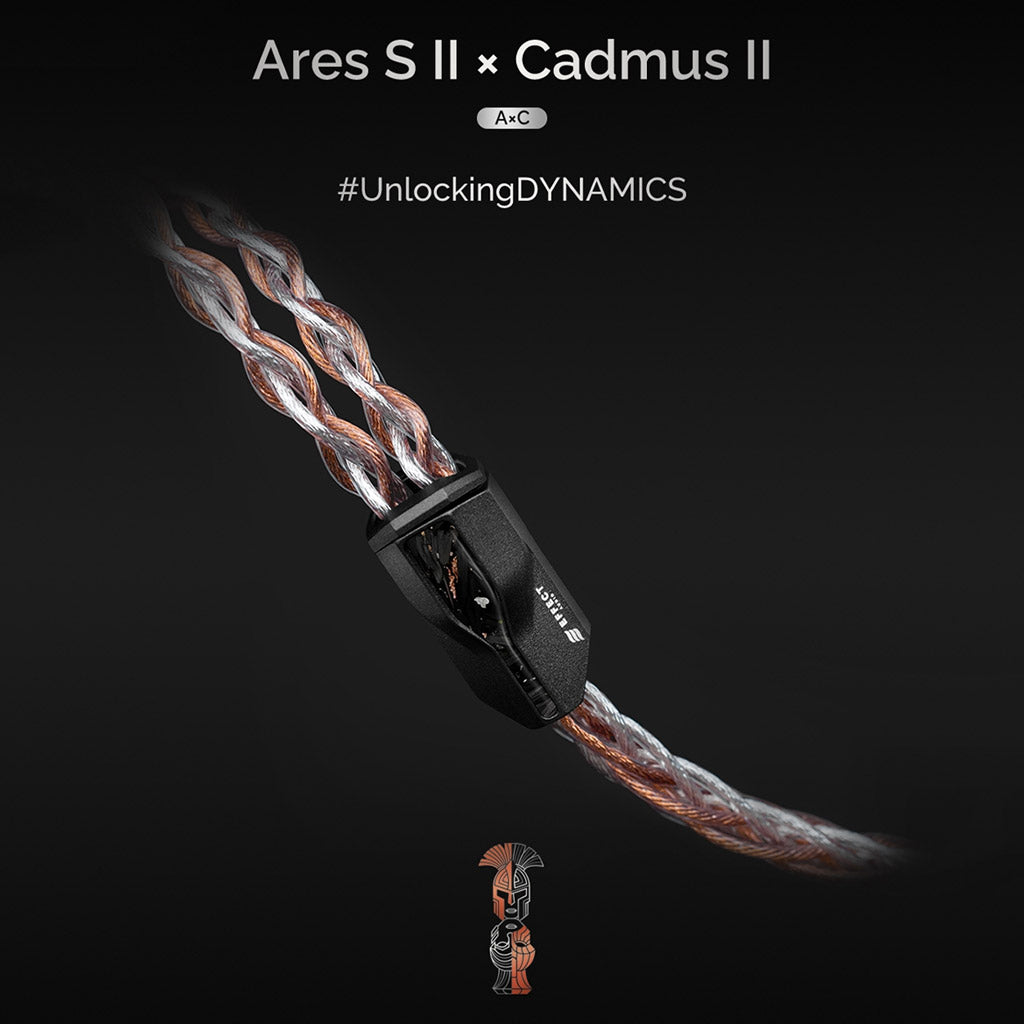 Stylized product shot of Effect Audio- Ares S II × Cadmus II Upgrade Cable highlighting its hybrid wire design and premium finish.