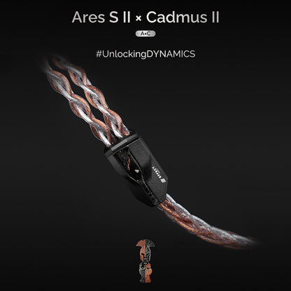 Stylized product shot of Effect Audio- Ares S II × Cadmus II Upgrade Cable highlighting its hybrid wire design and premium finish.