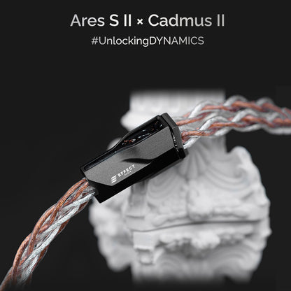 Close-up of Effect Audio- Ares S II × Cadmus II Upgrade Cable showcasing premium build and dynamic sound design with #UnlockingDYNAMICS.