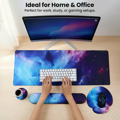TECPHILE galaxy-themed mouse pad and wrist support set used in a modern workspace, perfect for home office or gaming setups.