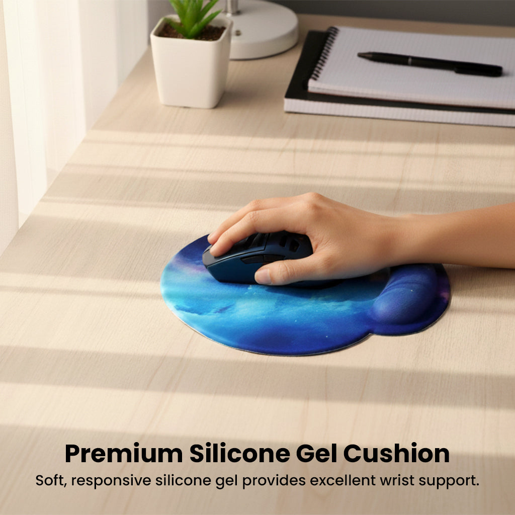 TECPHILE mouse pad with premium silicone gel cushion in galaxy design, offering responsive wrist support for comfort.