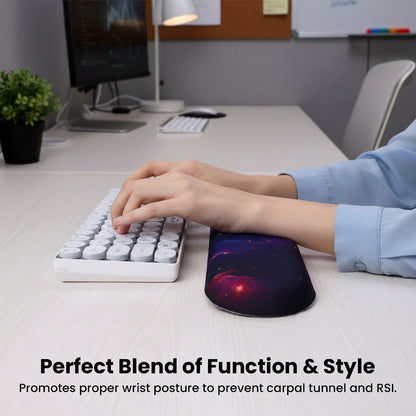 TECPHILE ergonomic wrist rest in galaxy design used in office setting, promoting proper wrist posture and reducing strain.