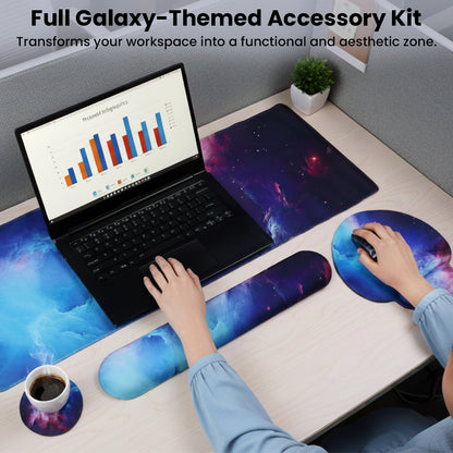 Complete TECPHILE galaxy-themed desk accessory kit enhancing a laptop workspace with ergonomic and aesthetic appeal.