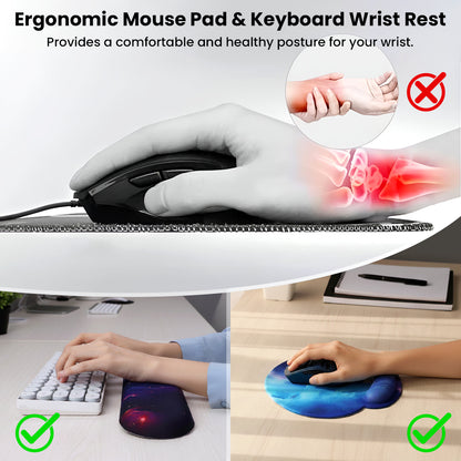 Ergonomic mouse pad and wrist rest from TECPHILE with galaxy design, promoting healthy wrist posture for long computer use.