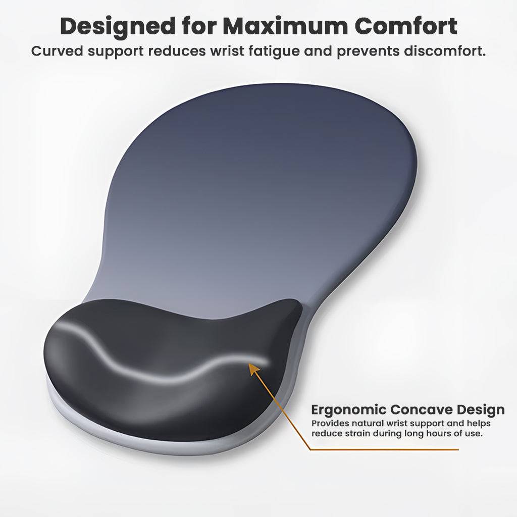 Curved ergonomic design of TECPHILE mouse pad with concave wrist support to reduce fatigue and enhance comfort during long sessions.
