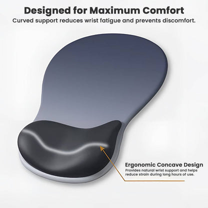 Curved ergonomic design of TECPHILE mouse pad with concave wrist support to reduce fatigue and enhance comfort during long sessions.
