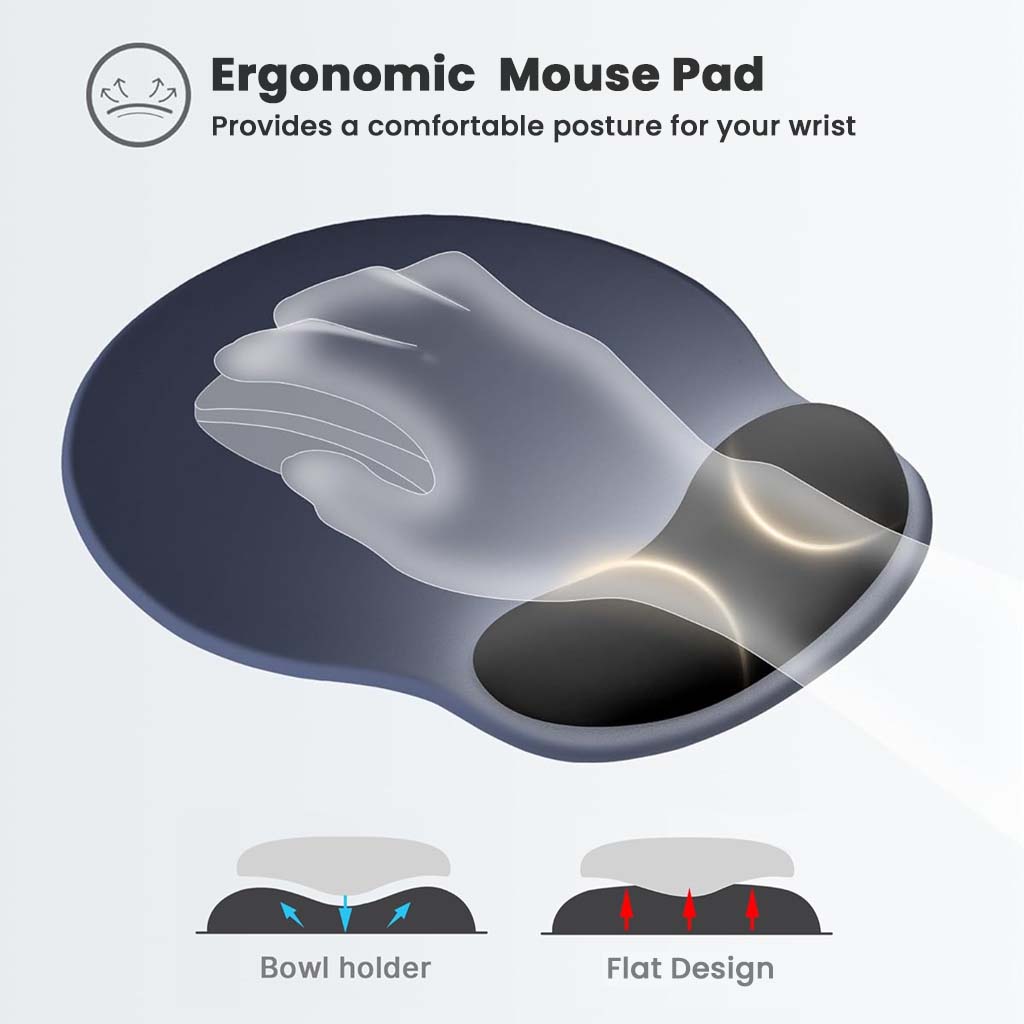 Ergonomic TECPHILE mouse pad showing wrist support design with bowl holder for improved posture and reduced strain during mouse use.