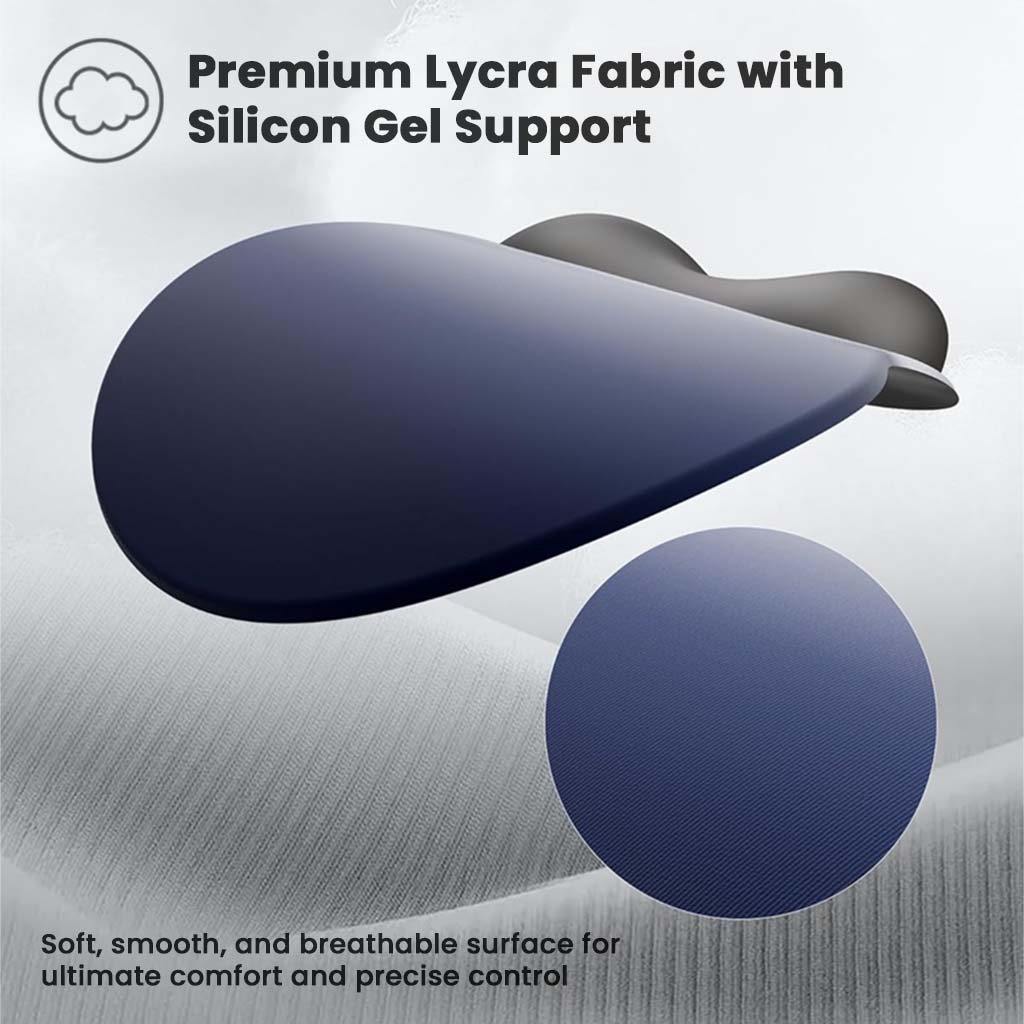 Close-up of TECPHILE mouse pad made with premium Lycra fabric and silicone gel support for smooth, breathable, and precise mouse control.