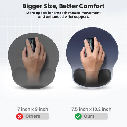 Comparison of TECPHILE mouse pad size versus standard pads, highlighting its larger 7.5 x 10.2 inch surface for better wrist comfort.