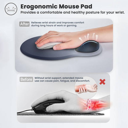 Before and after comparison of wrist posture using TECPHILE ergonomic mouse pad, showing reduced pain and improved comfort.