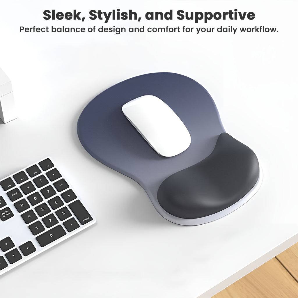 Stylish TECPHILE mouse pad on a white desk setup, offering ergonomic wrist support and modern design for daily computer use.