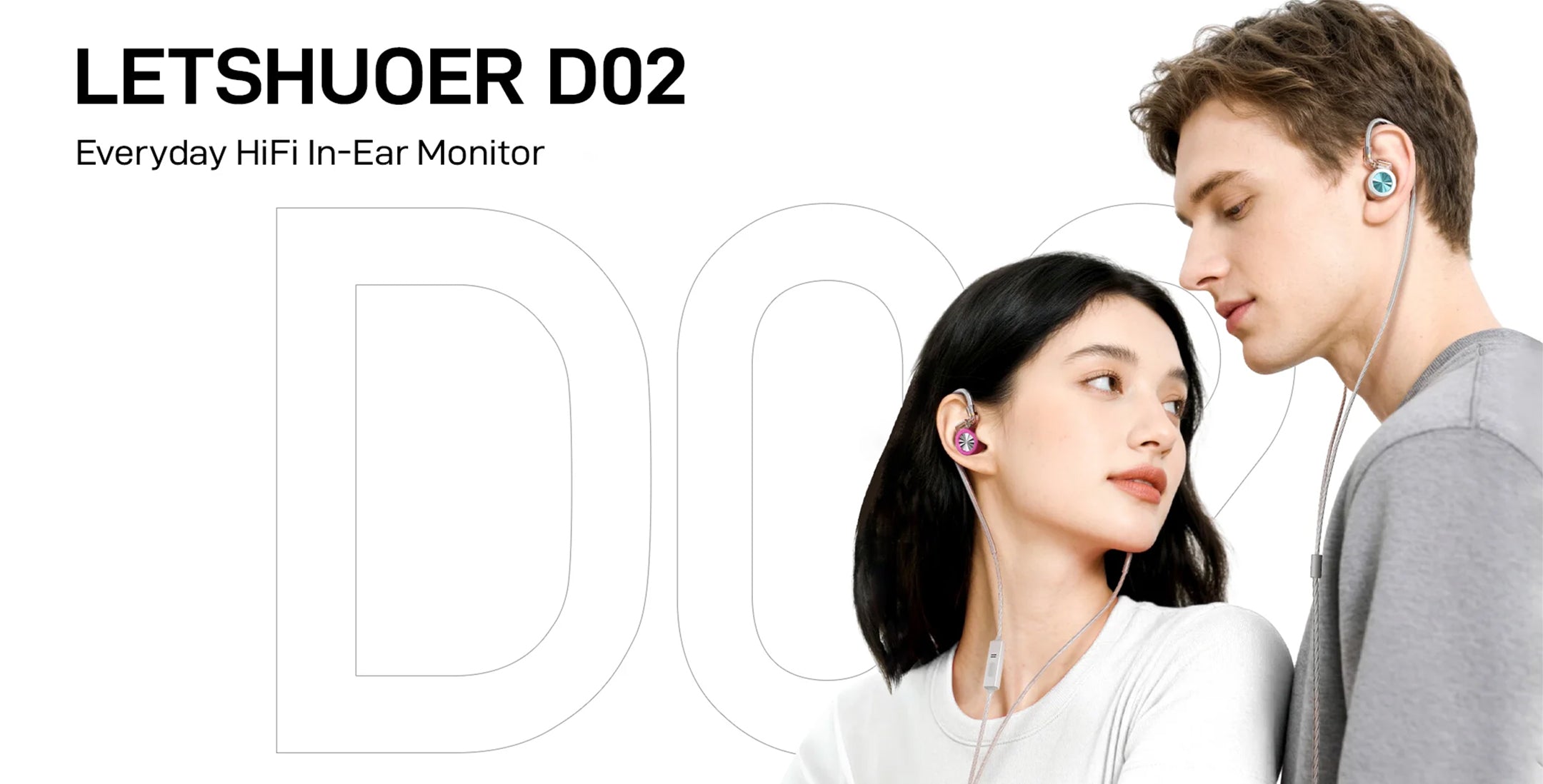 Two people wearing LETSHUOER D02 in-ear monitors with brand name displayed.