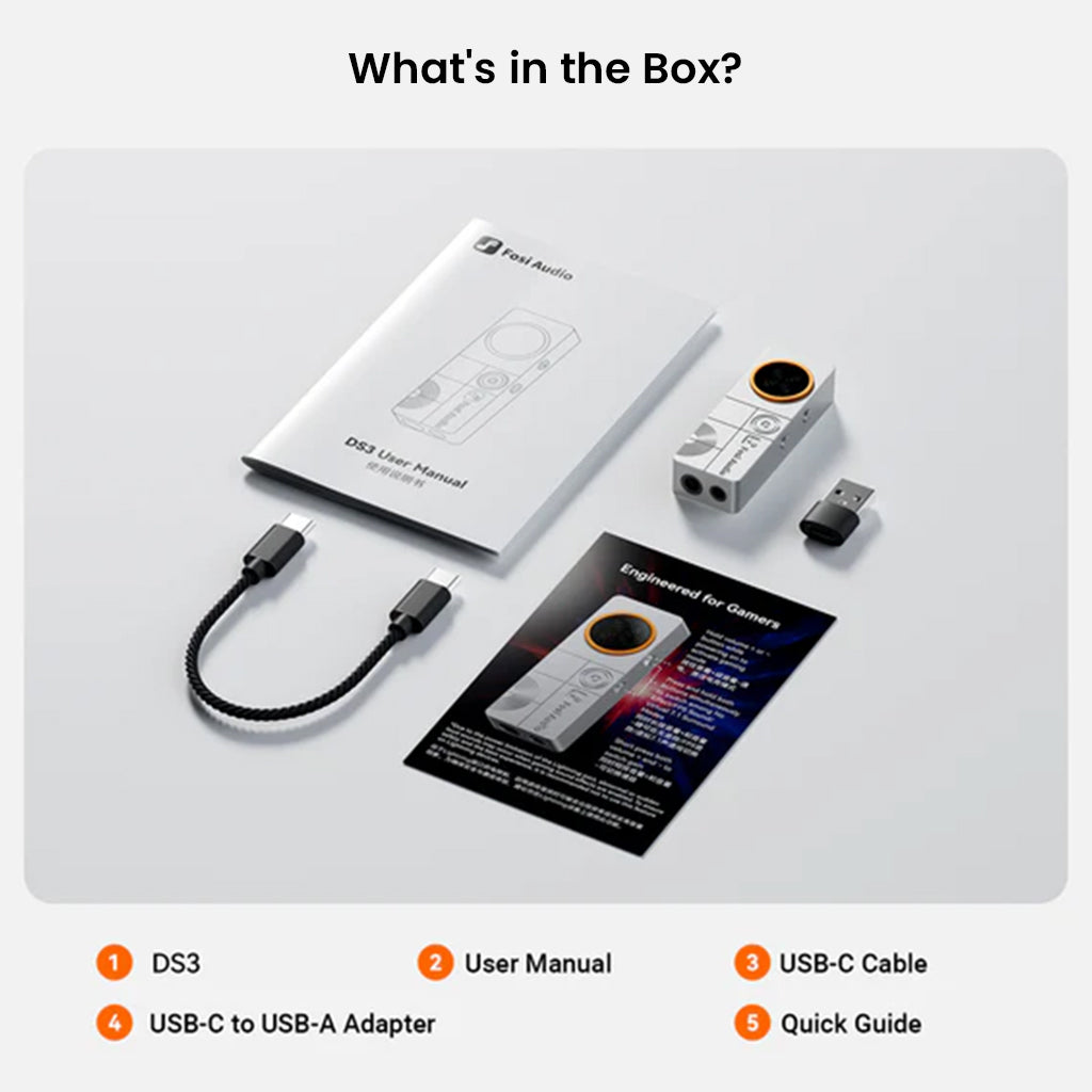 FOSI AUDIO – DS3 Portable DAC/Amp package includes DAC unit, USB-C cable, USB-C to USB-A adapter, user manual, and quick guide for setup.